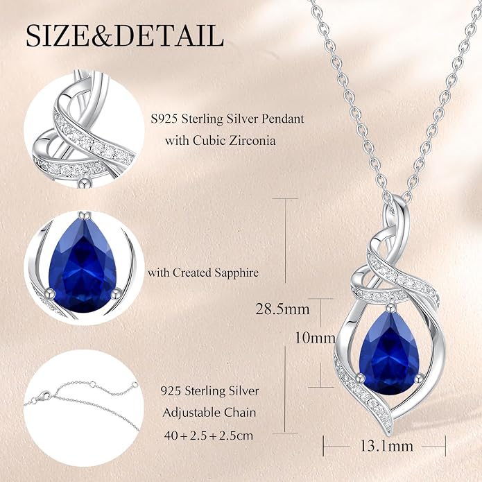 FANCIME Teardrop Birthstone Necklace for Women S925 Sterling Silver Elegant Ribbon Pendent Necklace Birthday Jewelry Gifts for Mom Wife Her, 16"+2" Inches