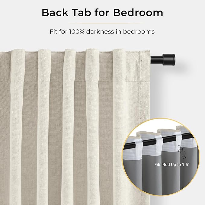 INOVADAY 100% Blackout Curtains for Bedroom, Black Out Curtains 80 Inch Long, Clip Rings Linen Blackout Drapes, Thermal Insulated Room Darkening for Living Room, 2 Panels - Beige White,W50xL80