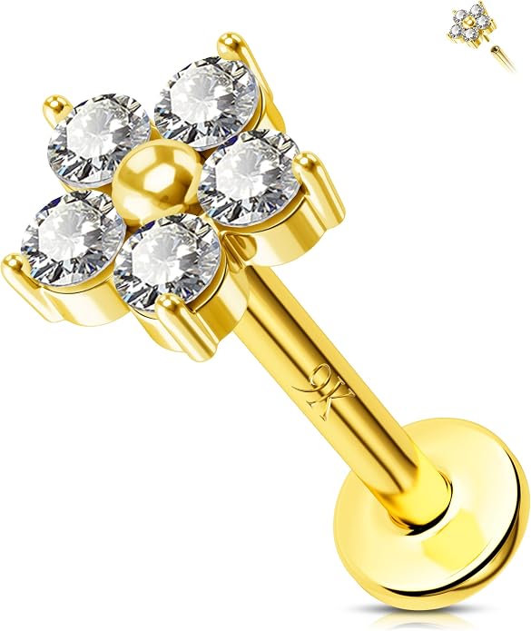 Jewseen 9K Real Solid Gold Flat Back Stud Earring 16G 8mm Internally Threaded Fine Piercing Jewelry for Helix Tragus Lobe Lip