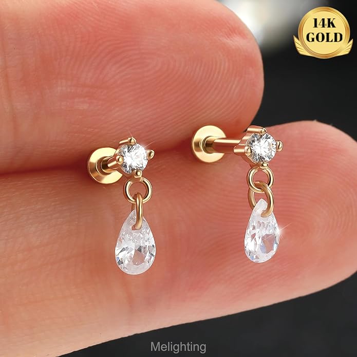 MeIighting 14K Solid Gold Helix Earring Clear CZ, Dangle Internal Thread Flat Back Earring, Teardrop Heart Round Cartilage Tragus Conch Piercing Jewelry for Women 6/8 mm