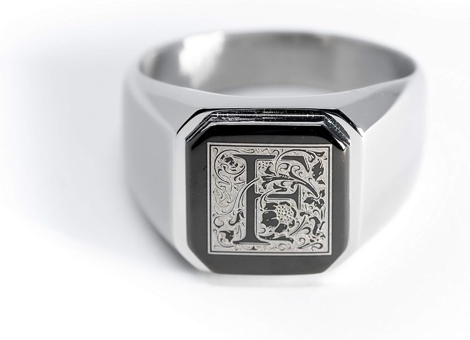 Jewelry | Stainless Steel Letter Alphabet Initial Ring | Square Flat Top Ring for Men & Women | Stainless Steel Jewelry, (Black, Gold, Silver), Size 7-16