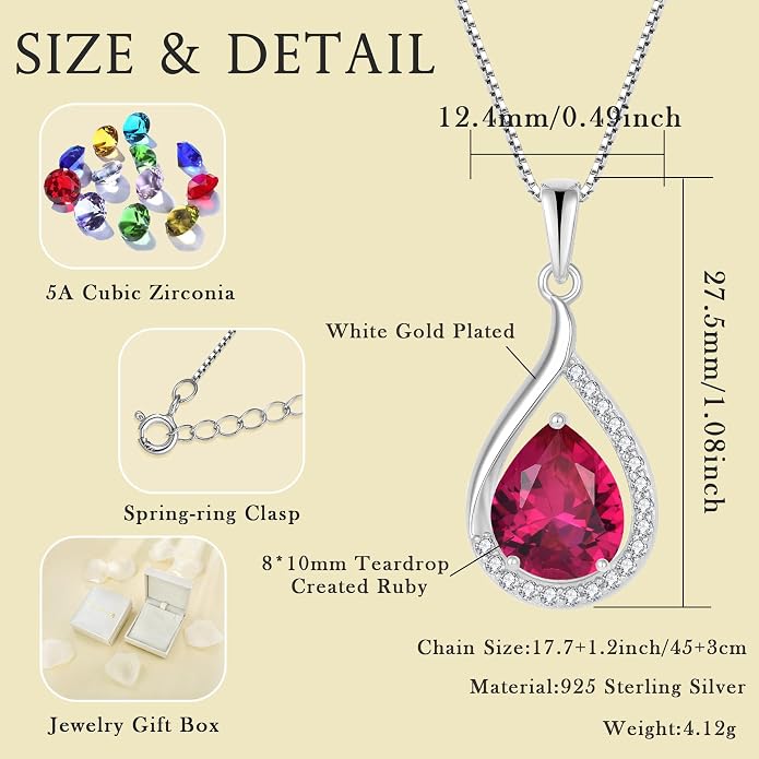 Teardrop Birthstone Necklace for Women 925 Sterling Silver White/Yellow Gold Plated Cubic Zirconia Pendant Necklace Jewelry for Her