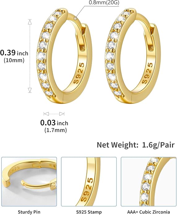 SILVERCUTE 925 Sterling Silver Huggie Hoop Earrings for Women,Hypoallergenic Small Hoop Earrings Lightweight Silver/14K Gold Hoops Cartilage Earrings for Women,8/10/12mm