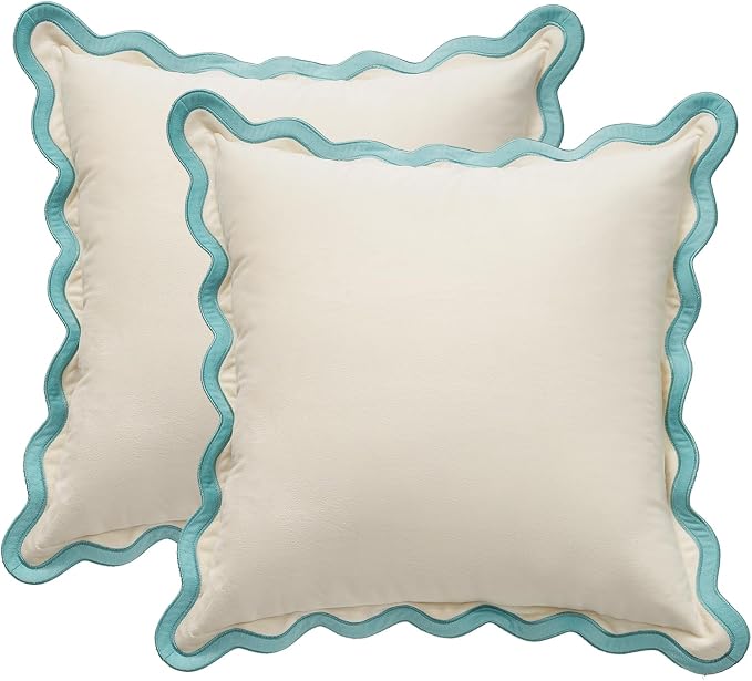 MONDAY MOOSE Decorative Throw Pillow Covers Cushion Cases, Set of 2 Soft Velvet Scalloped Wavy Edge Designs, Mix and Match for Home Decor, Pillow Inserts Not Included (20x20 inch, White/Light Blue)