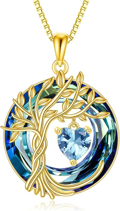 POPLYKE Mothers Day Gifts for Mom Her Wife Tree of Life Necklace 925 Sterling Silver Birthstone Pendant with Crystal Anniversary Birthday Wedding Jewelry for Women