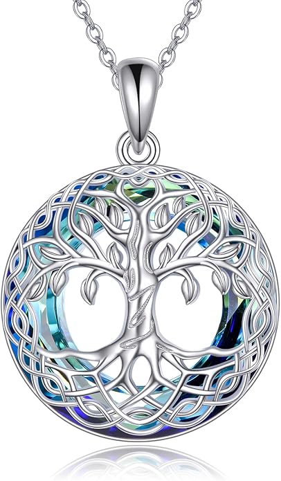 VONALA Tree of Life Necklace 925 Sterling Silver Abalone/Crystal Celtic Knot Family Tree Filigree Pendant Necklace Tree Jewelry Gift Women