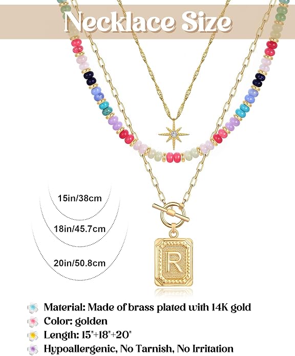 MJartoria Layered Initial Necklaces for Women Trendy, 14K Gold Plated Brass Simple Star Choker Square Letter Pendant Necklace, Colorful Beaded Necklaces Jewelry Gifts