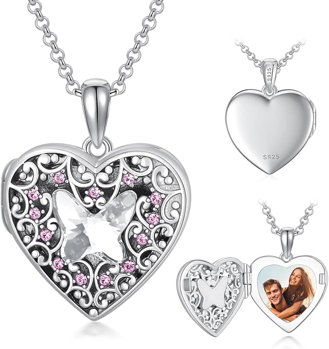 Dorunmo Personalized Locket Necklace 925 Sterling Silver that Holds Pictures Butterfly Birthstone Photo Heart Locket Custom Jewelry Congratulations New Beginnings New Job Gifts for Women