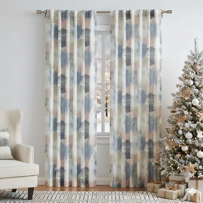 Kayne Studio Blue Pink Watercolor Boho Abstract Light Filtering Curtains,84 Inches Long Semi Sheer Colorful Curtains for Living Room and Farmhouse,Backtab Rod Pocket Window Drapes,52W x 84L.2 Panels