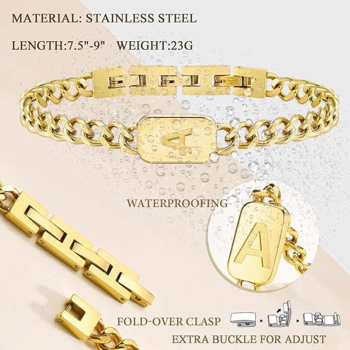 VNOX Initial Bracelet for Men Boys - Simple Mens A-Z Letter Cuban Link Chain Bracelets, Adjustable Solid Stainless Steel Jewelry Gifts for Men Dad Boyfriend