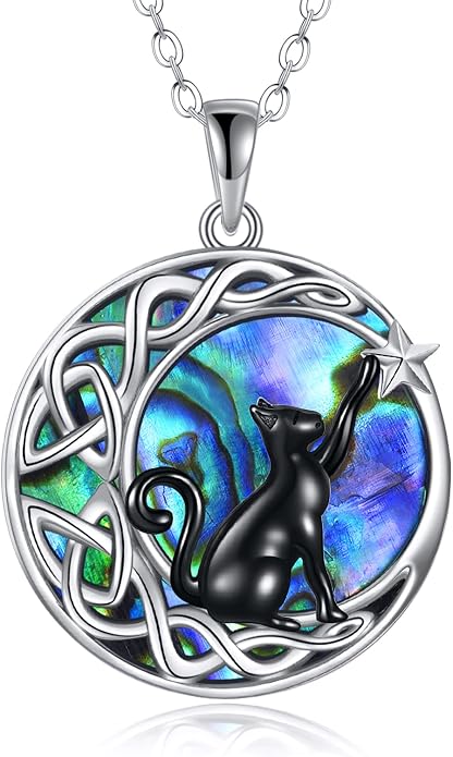 Celtic Moon Black Cat Necklace for Women - Abalone Tree of Life Sterling Silver Cat Lovers Jewelry