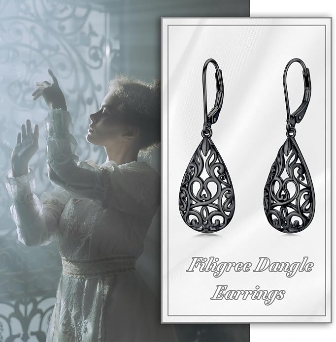 VONALA Filigree Teardrop Earrings for Women Sterling Silver Filigree Teardrop Dangle Earrings Filigree Leverback Earrings for Women Birthday Gift