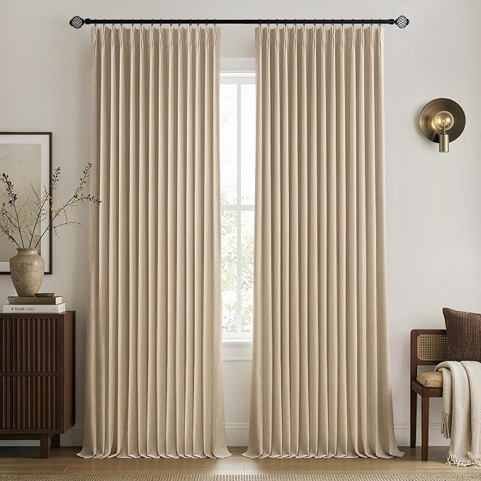 MIULEE Taupe Pinch Pleated 100% Blackout Linen Curtains for Bedroom, Room Darkening Memory Trained Light Blocking Window Curtains 84 inches Long for Living Room, Black Out Pleat Drapes, 2 Panels