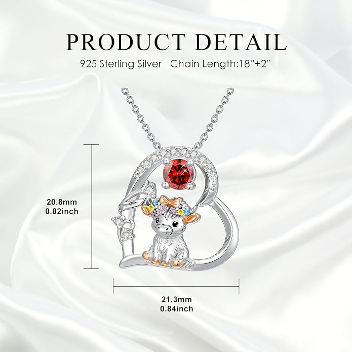 Highland Cow Gifts for Women 925 Sterling Silver Highland Cow Birthstone Necklace Fluffy Cow Jewelry Gifts Birthday Christmas