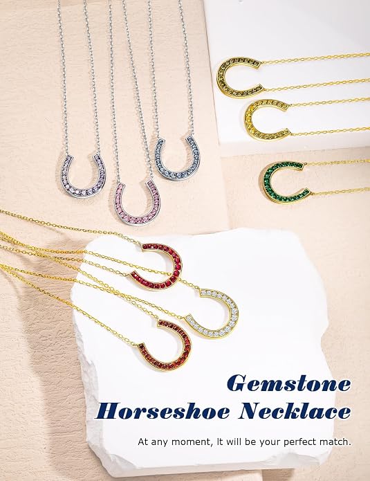 Luck Horseshoe Necklace 14K Gold Plated/Sterling Silver Created Gemstone Pendant with Chain Channel Set U Shaped Charm Necklace Birthstone Jewelry