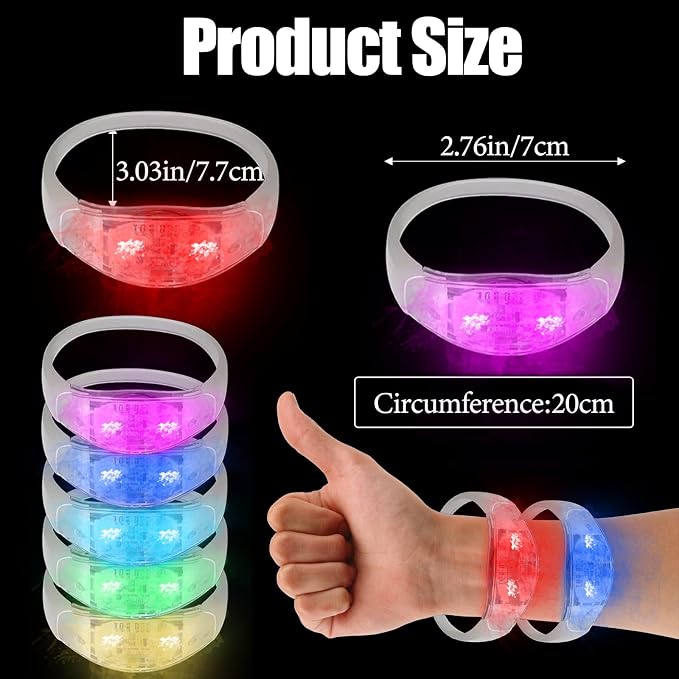 24 Pcs LED Glow Bracelets Sound Activated Led Flashing Bracelet Light Up Bracelets for Adults Glow in the Dark Party Supplies Birthday Carnival Concerts Events Christmas (6 Colors Changing, One size)