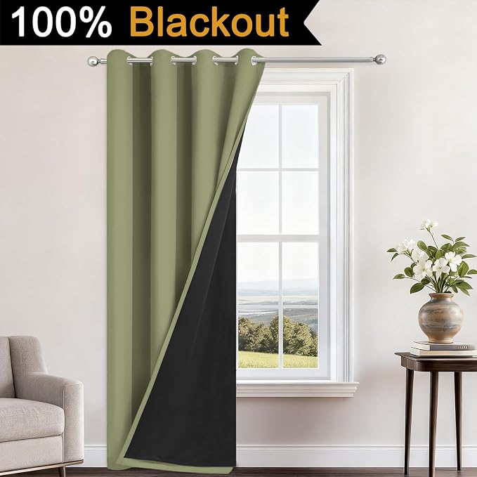 Yakamok Sage Blackout Curtains 96 Inches Long for Bedroom 52" Wide 1 Panel | Blackout Curtain Panels for Bedroom, 2 Thick Layers Grommet Top Thermal Insulated Drapes with Black Liner for Living Room