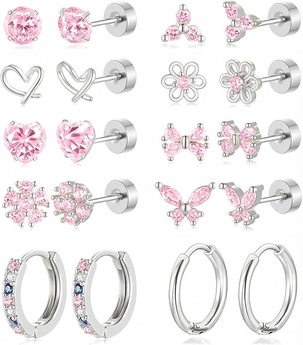 AKEOQI 10 Pairs Hypoallergenic Flat Back Earrings Gold Silver Plated Surgical Steel Small Stud Huggie Hoop Earring for Women Butterfly Flower Heart Bow Pink CZ Stack Cartilage Earrings Set 20G 10 MM