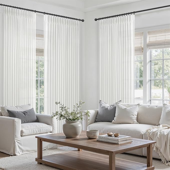 Memory Shape Pinch Pleated 102 Inch Extra Long Curtains for Nursery/Kids Room, Solid White Light Filtering Privacy Natural Linen Ceiling Track System Aesthetic Windows Drapes 50 Inch Wide 2 Panels Set