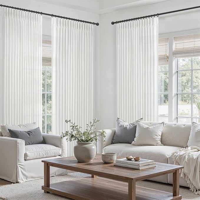 Pure White Pinch Pleated Curtains 90 Inches Long for Dining Room, Memory Trained Light Filtering Semi Sheer Drapes Thick Natural Linen Farmhouse Privacy Windows Curtain 50 Inch Wide 2 Panels Set