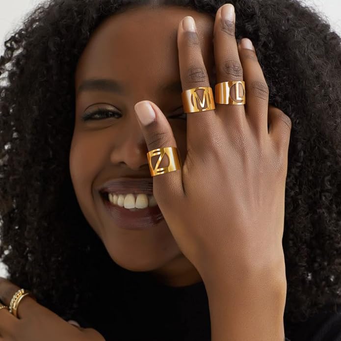KeyStyle Bold Initial Letter Rings Adjustable, GoldChic Jewelry Women Gold Statement Ring Personalized Engraved Women’s Open Signet Ring for Party (Gold, White Gold, Black)