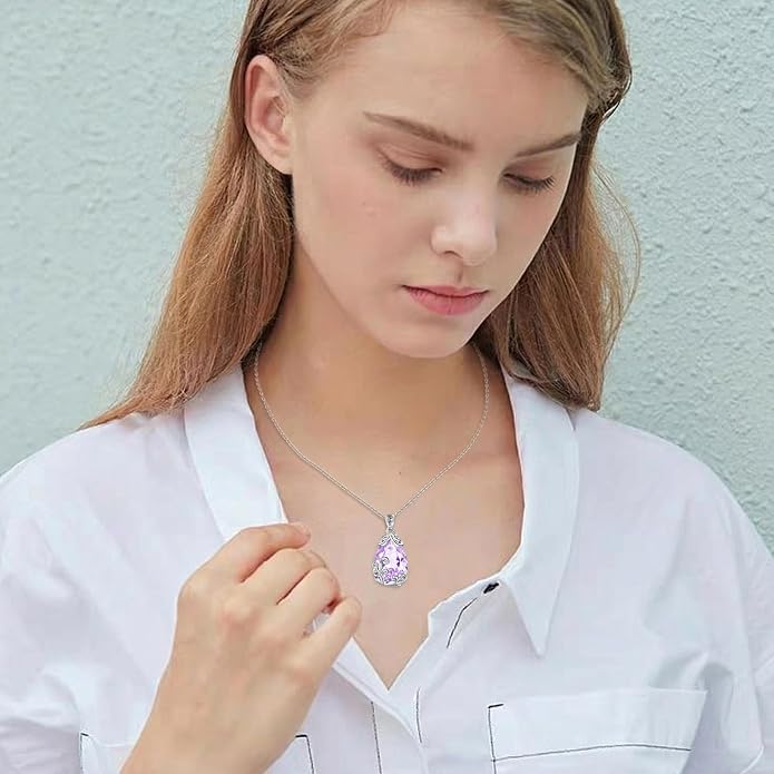 POPLYKE Sterling Silver Gemstone Teardrop Pendant Necklace Crystal Jewelry for Women