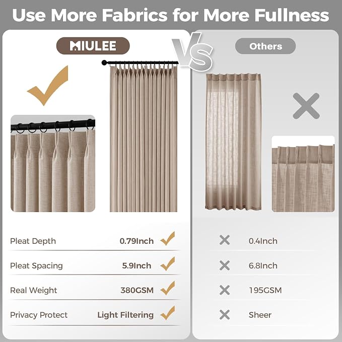 MIULEE 4 Panels Set Pinch Pleated Linen Curtains 108 Inches Length for Living Room Bedroom, Extra Long Pinch Pleat Drapes Back Tab Light Filtering Taupe Foor to Ceiling Curtains with Hooks&Rings