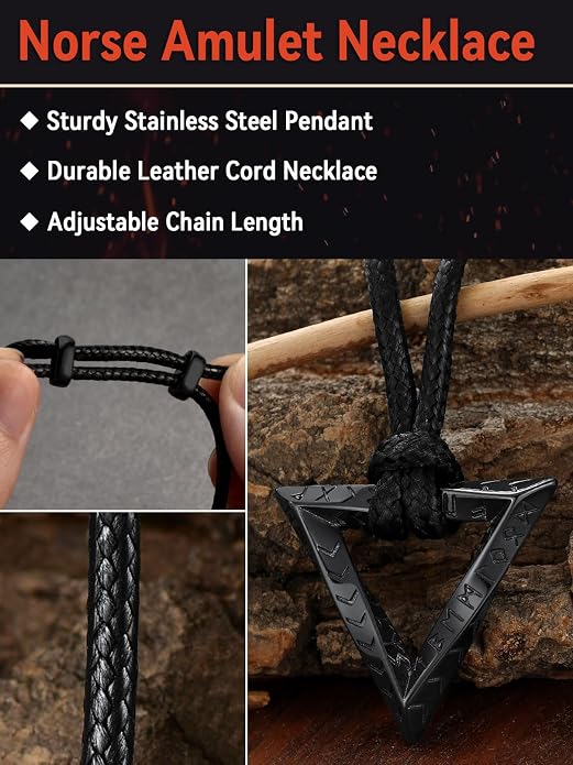 FaithHeart Norse Runes Triangle Learther Chain and Runes Round Leather Necklace