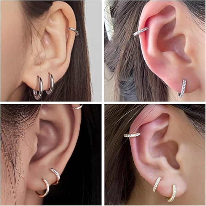 Hypoallergenic 20G 6mm Flat Back Stud Earrings & 18G 8mm/10mm Small Hoop Earrings Set for Women, 12 Pairs Stainless Steel Cartilage Earrings for Multiple Piercings