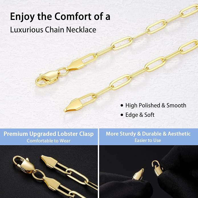 Jewlpire Silver/14K Gold Plated Paperclip Necklace for Women, 3mm 4mm 5mm Necklaces for Women, Women's Paperclip Chain Necklaces 16 18 20 22 24 26 Inch