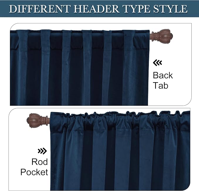 RYB HOME Velvet Curtains 72 inches Length, Back Tab & Rod Pocket Soft Fabric Curtains & Drapes for Bedroom Bathroom Cafe, Navy Blue, W 42 x L 72, 2 Panels Set