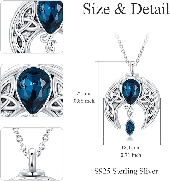 AOBOCO Sterling Silver Celtic Crescent Moon Goddess Pendant Irish Good Luck Necklace with Birthstone Crystal, Celtic Moon Jewelry Gift for Women Mom Wife
