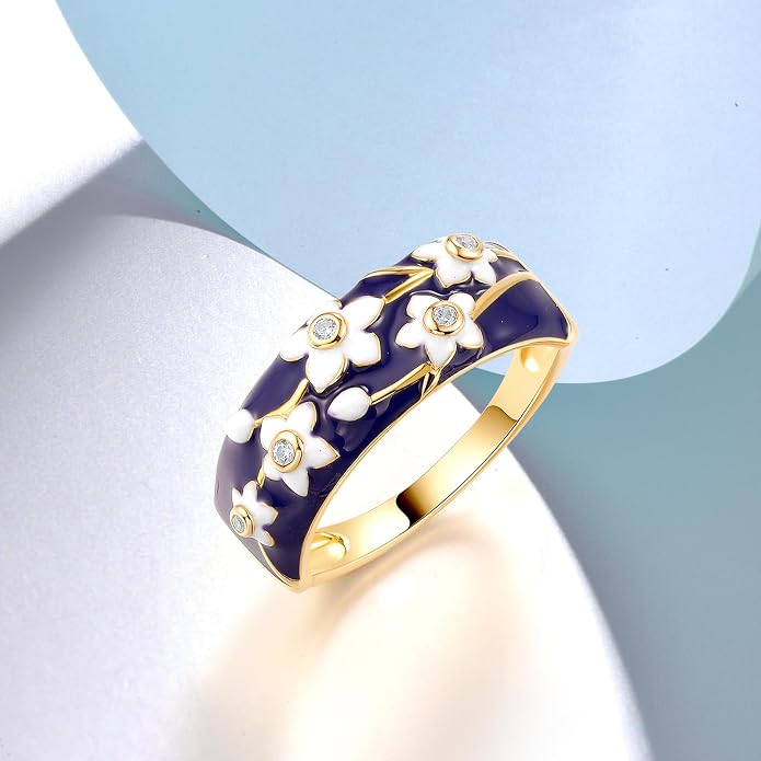 Santuzza 925 Sterling Silver Enamel Flower Pattern Ring for Women