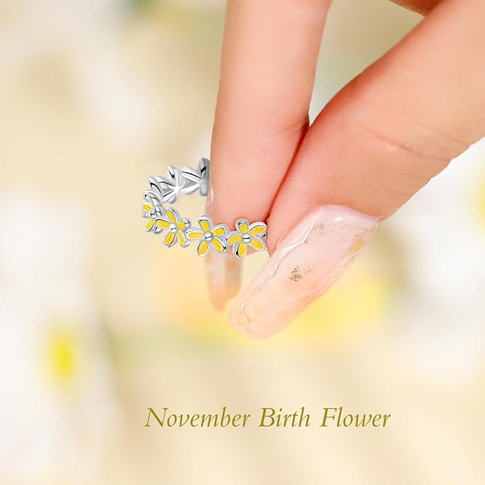 S925 Sterling Silver Dainty Daisy Flower Rings for Women, I Think Of You Every Daisy, 12 Month Birth Flower Ring