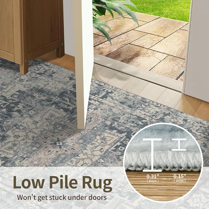 Rugxara Blue 6x9 Area Rugs Washable Rug for Living Room Dining Room Bedroom | Non Slip, Rug for Office Farmhouse Kids Room, Stain Resistant, Soft, Low Pile, Vintage Boho Floral Retro Carpet, Home Decor