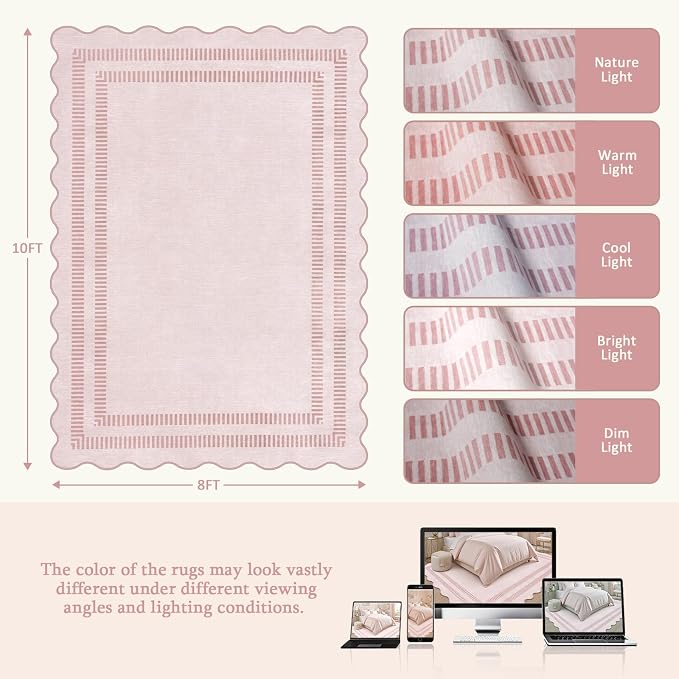 Pink Rugs for Living Room 8x10, Soild Machine Washable Area Rugs for Bedroom Girls, Non Slip Ultra-Thin Low-Pile Carpet for Playroom Nursery Kids Room