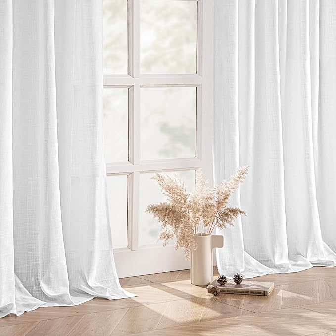 MIULEE White Linen Curtains 90 Inches Long 2 Panels for Bedroom Living Room, Soft Thick Linen Textured Back Tab Window Drapes Semi Sheer Light Filtering Rod Pocket Modern Farmhouse Decor