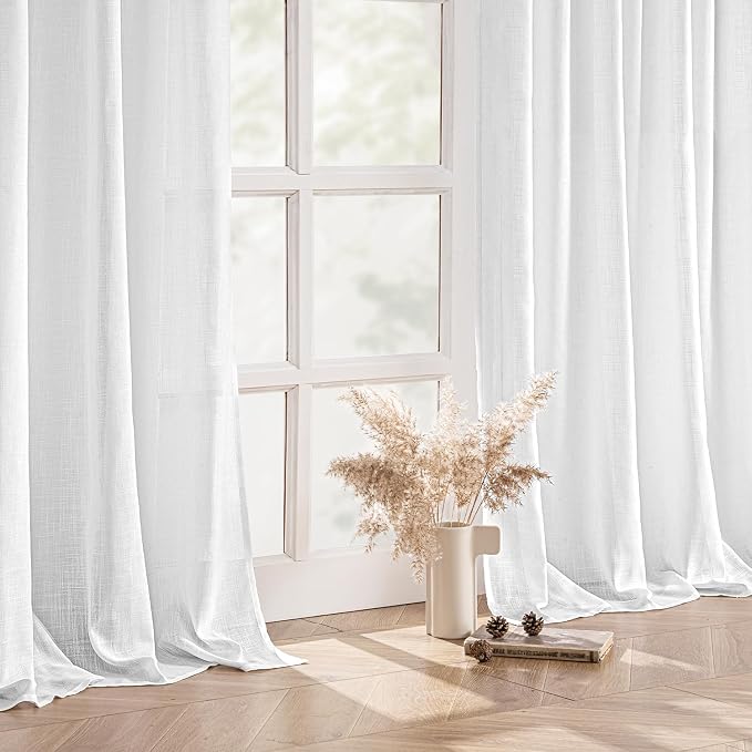 MIULEE White Linen Curtains 102 Inch Long 2 Panels for Bedroom Living Room, Soft Thick Linen Textured Back Tab Window Drapes Semi Sheer Light Filtering Rod Pocket Modern Farmhouse Decor