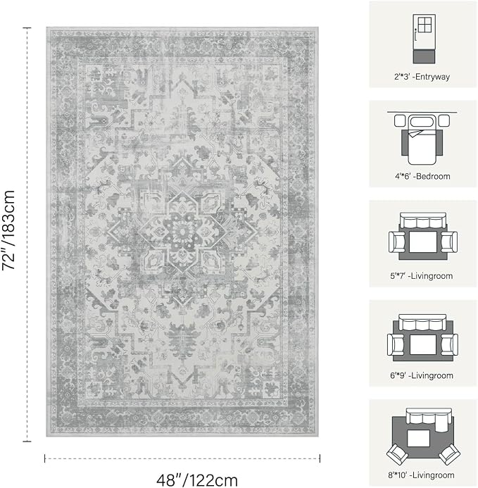 Rugxara Washable Area Rug for Living Room, Neutral Vintage Boho Rugs for Office, Dining Room, Kids Room, Farmhouse, Durable Low Pile Non Slip Carpet for High Traffic Areas, Light Grey(4x6ft)