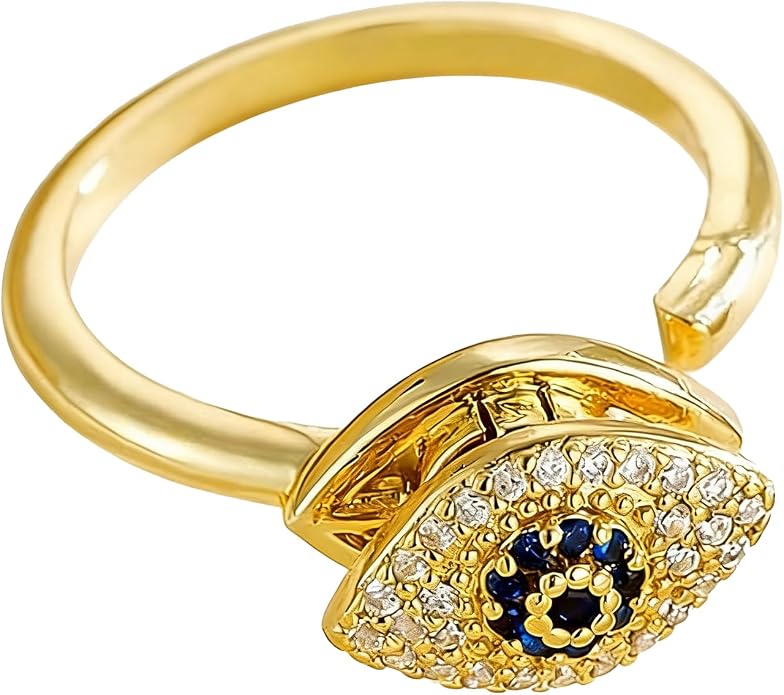 14K Gold Plated Evil Eye Rings for Women Open Adjustable Fidget Rings Anti Anxiety Spinner Evil Eye Ring