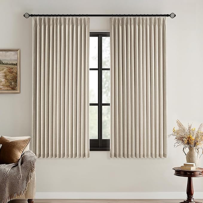 MIULEE Sand Pinch Pleated 100% Blackout Linen Curtains for Bedroom, Room Darkening Memory Trained Light Blocking Window Curtains 63 inches Long for Living Room, Black Out Pleat Drapes, 2 Panels