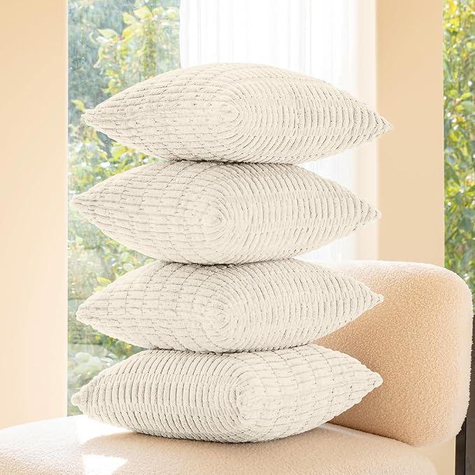 Softalker Throw Pillow Covers 20x20 Inch, Set of 4, Corduroy Soft Striped Boho Pillow Covers, Modern Decorative Cushion Pillow Case for Couch Sofa Bedroom Living Room, Cream