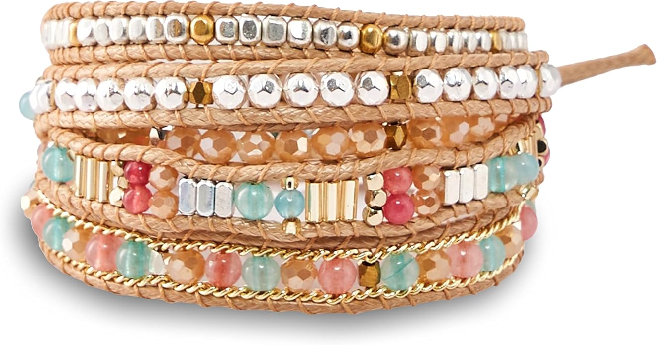 Bracelet for Women – Handmade Vegan Boho Natural Stone Layered Bracelet, Thailand Bohemian Stackable Beaded Wrap Bracelets, Summer Hippie Bracelet Stack, Fashion Jewelry Gifts