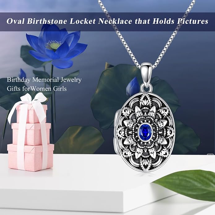 Round/Heart/Oval Shape Locket Necklace That Holds Pictures 925 Sterling Silver Personalized Birthstone Photos Engraved Locket Pendant Birthday Memorial Jewelry Gift for Women