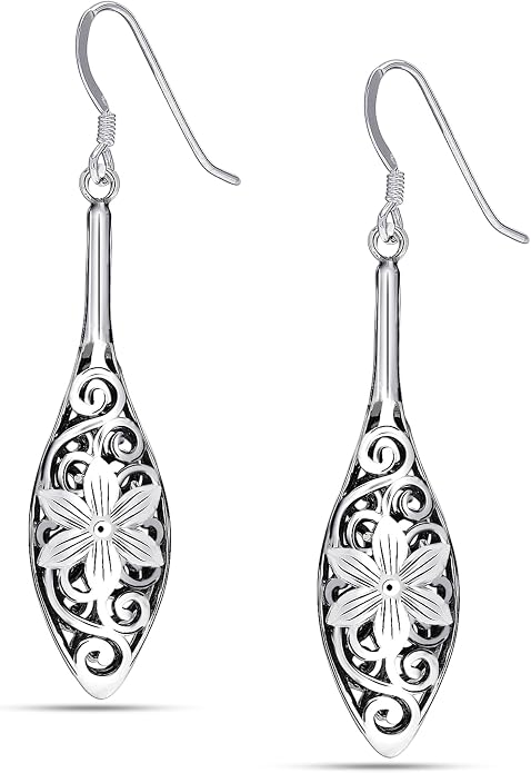 LeCalla 925 Sterling Silver Filigree Dangle Drop Earrings | Lightweight Antique Balinese Teardrop Dangle Drop Earring for Women