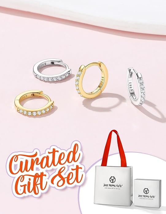 JustBeingCute 925 Sterling Silver Hoop Earrings for Women 14K Gold Plated Small Huggie Earrings Hypoallergenic Cubic Zirconia Cartilage Hoop Earring(8/10/12/14/16/18/20mm)