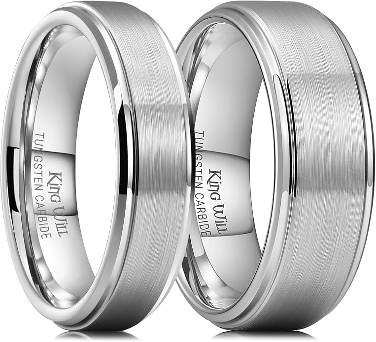 King Will Classic Tungsten Wedding Band for Men, 6/7/8/9/10mm Widths, Polished Finish Step Edge Matte Rings Comfort Fit