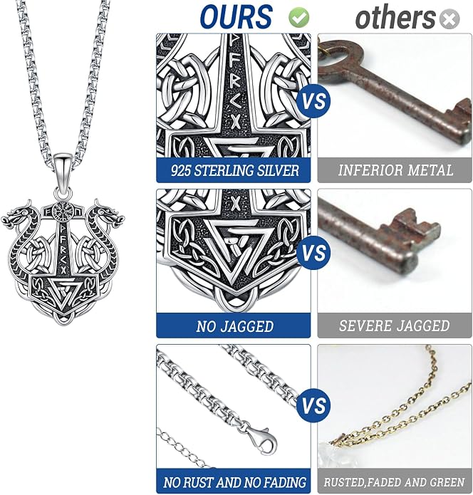Eusense Viking Necklace for Men Women 925 Sterling Silver Pendant Thors Hammer/Norse Runes/Odin's Ravens/Wolf/Dragon/Snake/Yggdrasil/Freya/Helm of Awe/Valknut/Triskelion/Axe/Shield Viking Jewelry