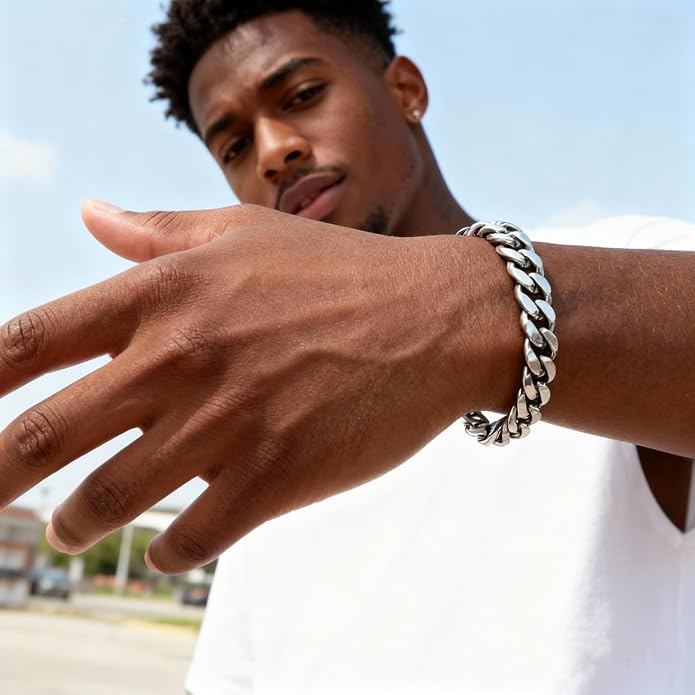 CaptainSteeL Cuban Link Chain Bracelet for Men- 316L Stainless Steel 9/10MM Width Fashion Pattern Snap Button Hip Hop Jewelry,Two Style Cuban Bracelets 18K Gold Plated/Stainless Steel with Gift Box