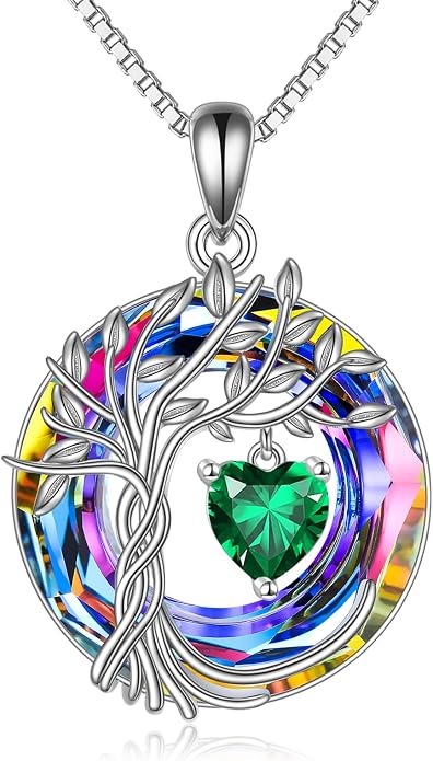 POPLYKE Mothers Day Gifts for Mom Her Wife Tree of Life Necklace 925 Sterling Silver Birthstone Pendant with Crystal Anniversary Birthday Wedding Jewelry for Women